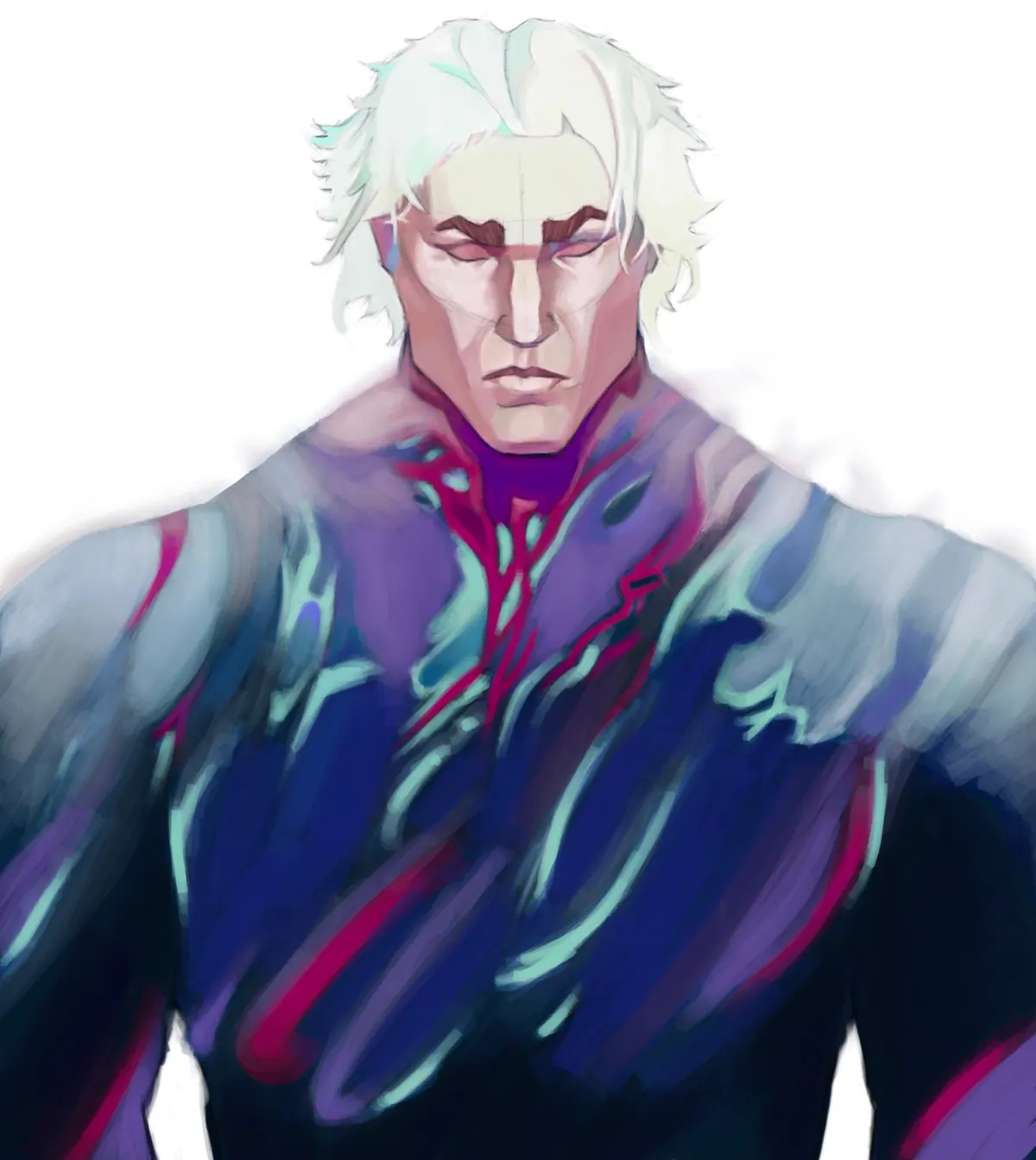 Painterly portrait of a white-haired Arcane character with glowing eyes, loose strokes of purple, blue and magenta light breaking across the shoulders