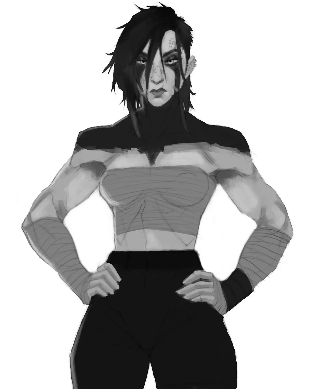 Greyscale study of Vi from Arcane standing with hands on hips, cropped top and trousers, on a white background