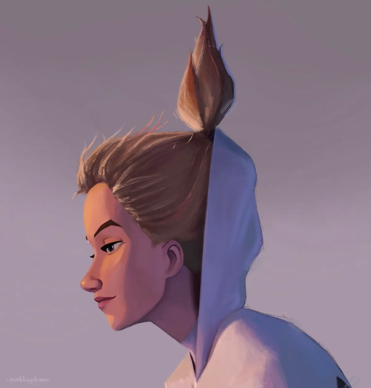 Soft profile portrait of Gwen Stacy with her hood down and hair tied up, lit in gentle lavender light