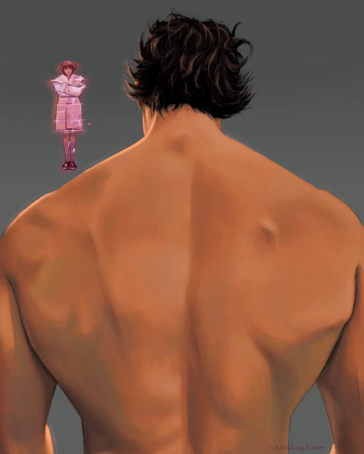 Miguel O’Hara from behind, shirtless, back and shoulder anatomy rendered in warm light, with a small holographic figure of Lyla floating beside his shoulder