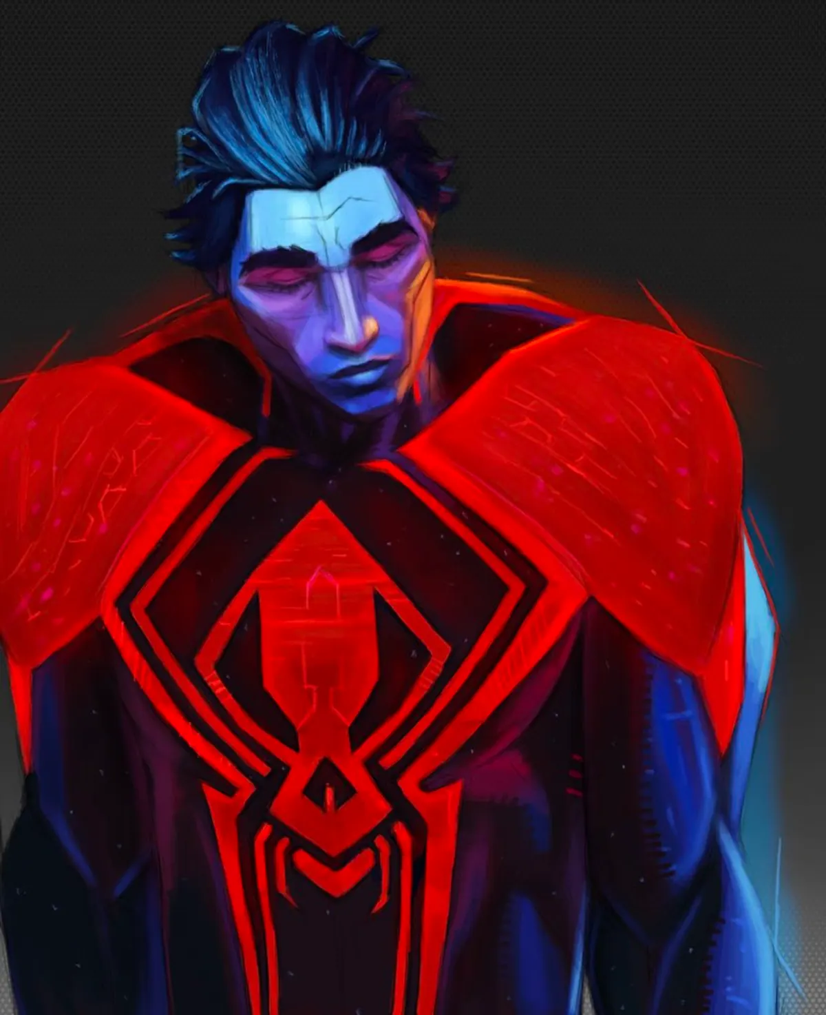 Miguel O’Hara with his eyes closed, purple light on his face and the red suit glowing beneath, against a dark background