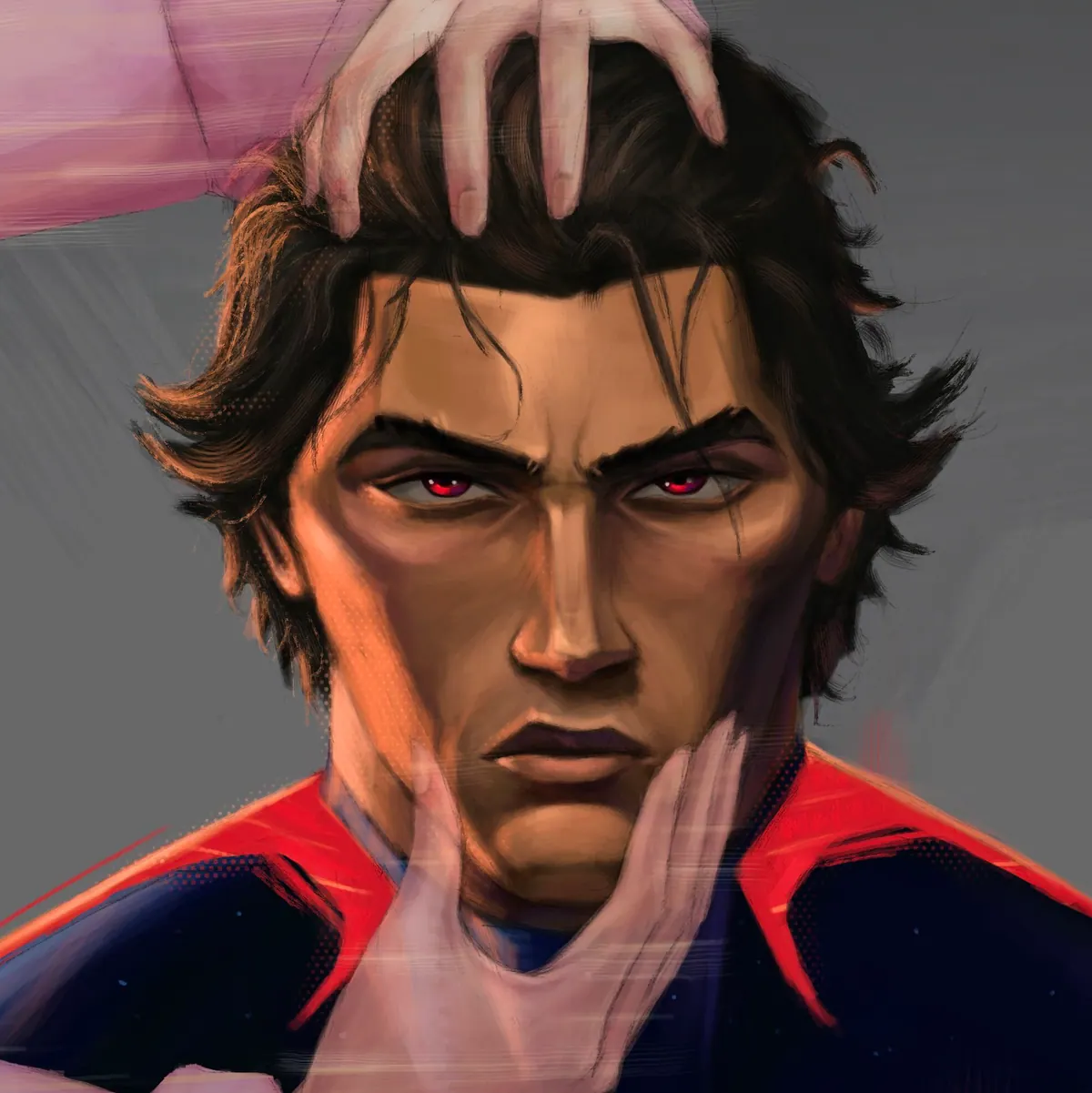 Miguel O’Hara glaring with red eyes while a hand in a pink sleeve runs through his hair from above