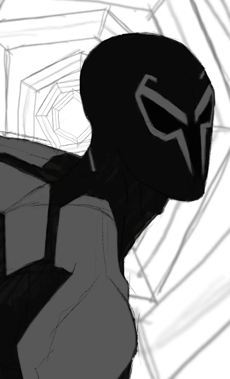 Greyscale sketch of Miguel O’Hara masked, seen from behind and slightly to the side, with loose web lines drawn around him