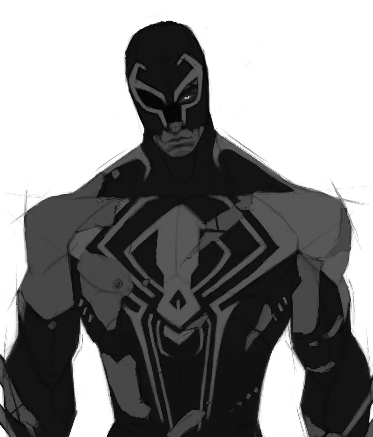 Greyscale value study of Miguel O’Hara masked, facing forward, suit rendered in flat greys on white