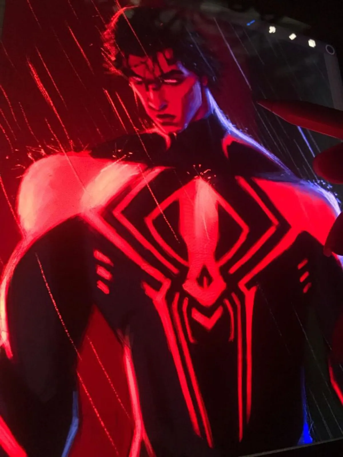 Miguel O’Hara in the rain at night, lit entirely by red light, with blurred city lights behind him