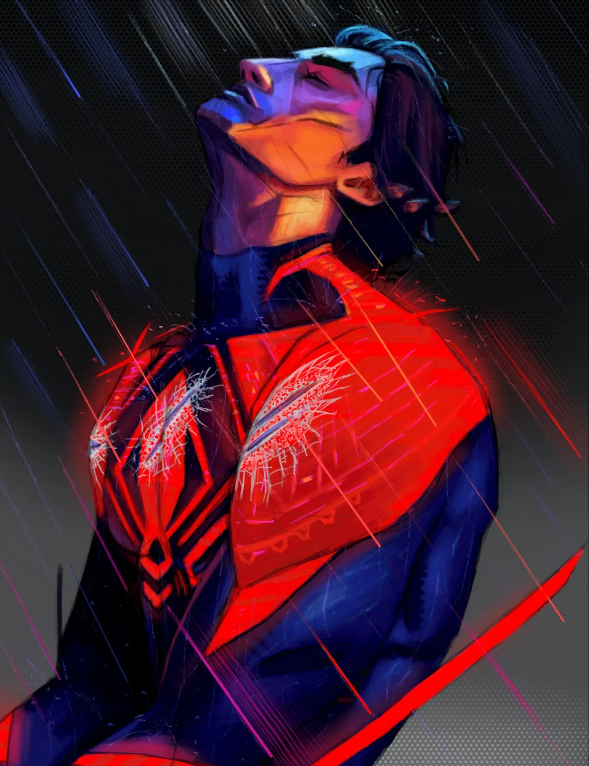 Miguel O’Hara with his head tilted back in heavy rain, red suit glowing with rim light, rain streaks cutting across deep blue shadow