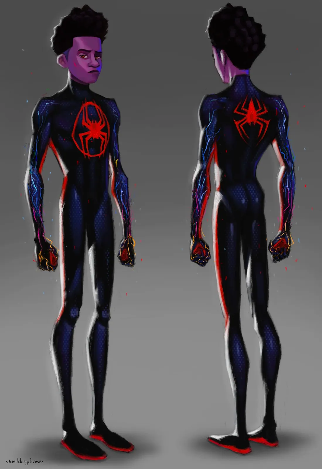 Front and back full-body turnaround of Miles Morales in his black and red suit on a grey background