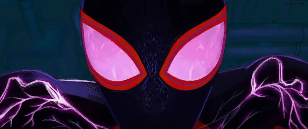 Widescreen close-up of Miles Morales’ masked face with pink lenses, purple bio-electric lightning crackling around him