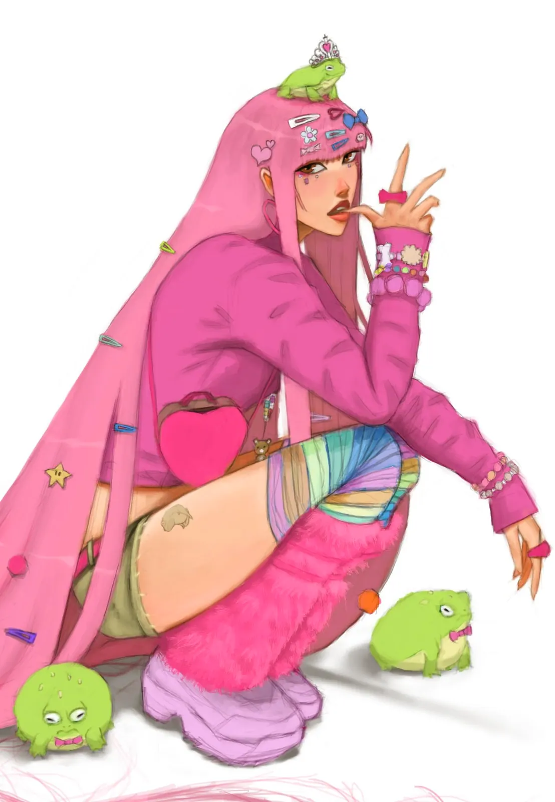 A pink-haired character in a fluffy pink outfit crouching among small green frogs, with charms and stickers in her hair