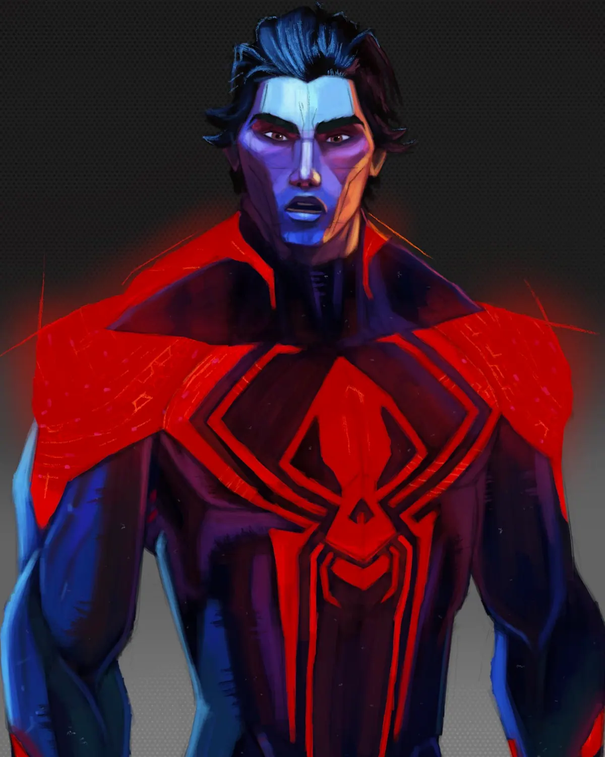 Miguel O’Hara front view in full colour: red suit, purple and blue light on the face