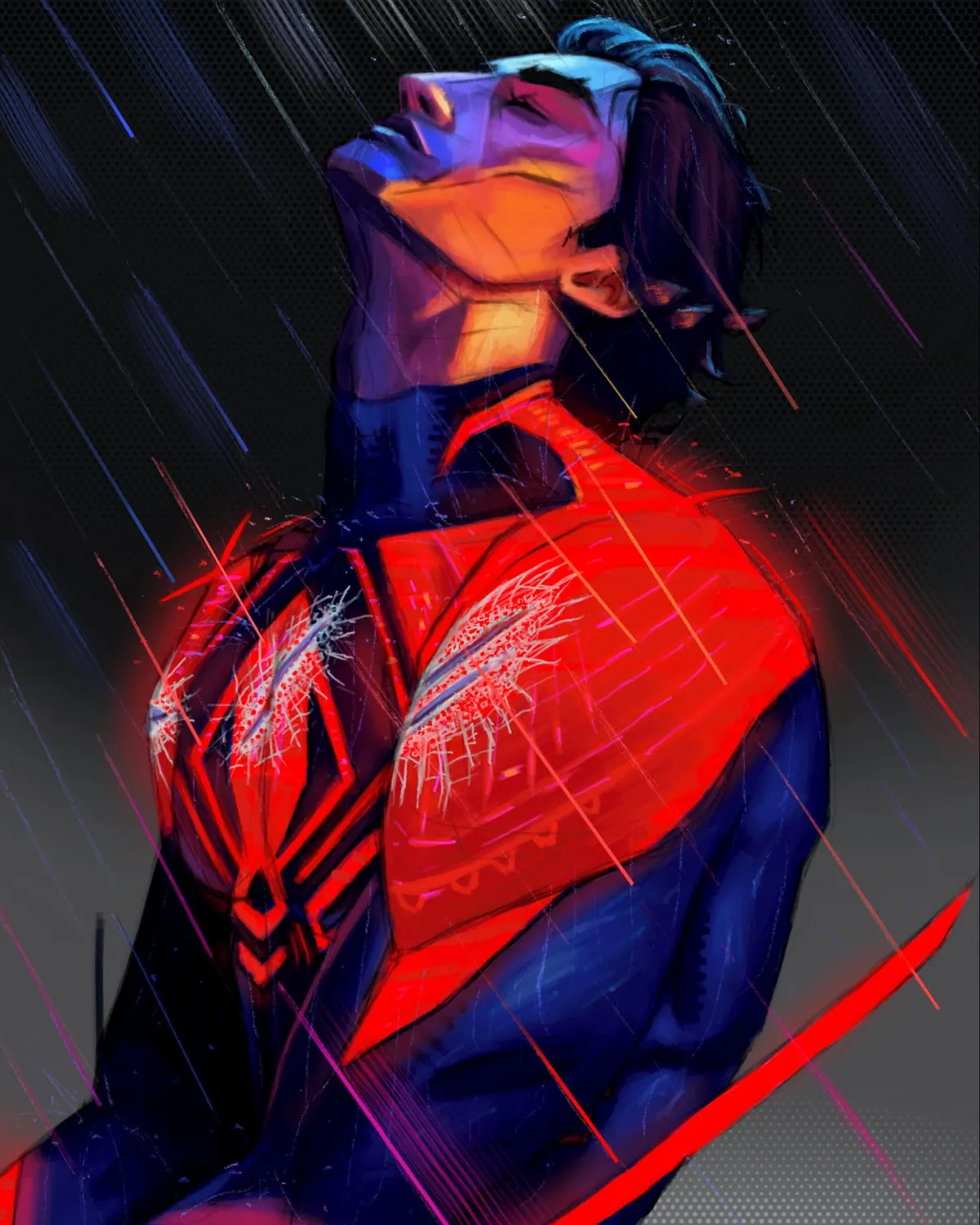 Miguel O’Hara rain portrait final render: red suit rim-lit, rain streaking through blue shadow