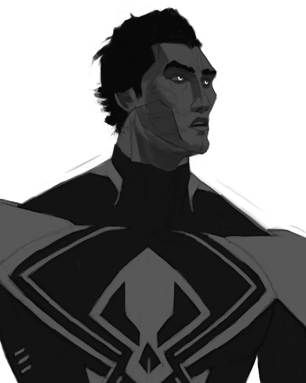 Miguel O’Hara front view at the value stage: greyscale suit and face on white