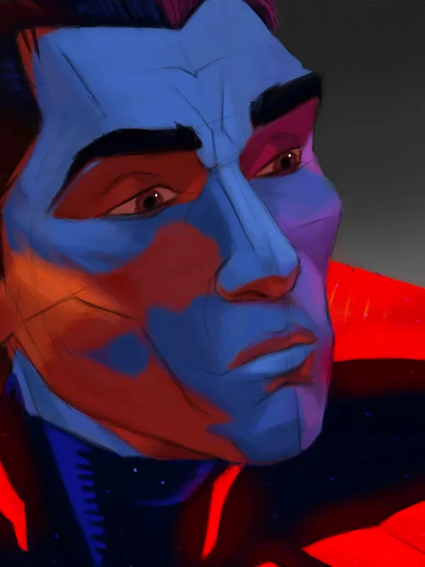 Crop example for a face portrait: Miguel O’Hara close-up in blue and red light